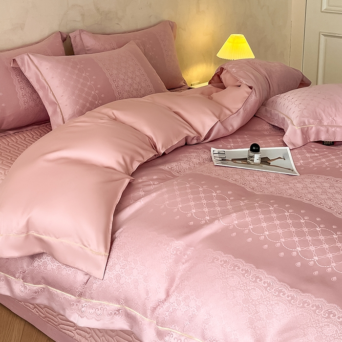 91家纺网 家纺一手货源 找家纺 大麦家纺 2026新款水洗真丝提花床盖四件套丝韵繁花 丝韵繁花-豆沙色