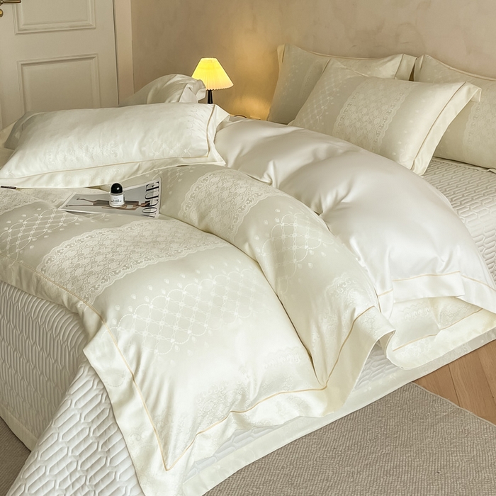 91家纺网 家纺一手货源 找家纺 大麦家纺 2026新款水洗真丝提花床盖四件套丝韵繁花 丝韵繁花-米黄