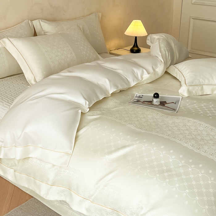 91家纺网 家纺一手货源 找家纺 大麦家纺 2026新款水洗真丝提花床盖四件套丝韵繁花 丝韵繁花-米黄