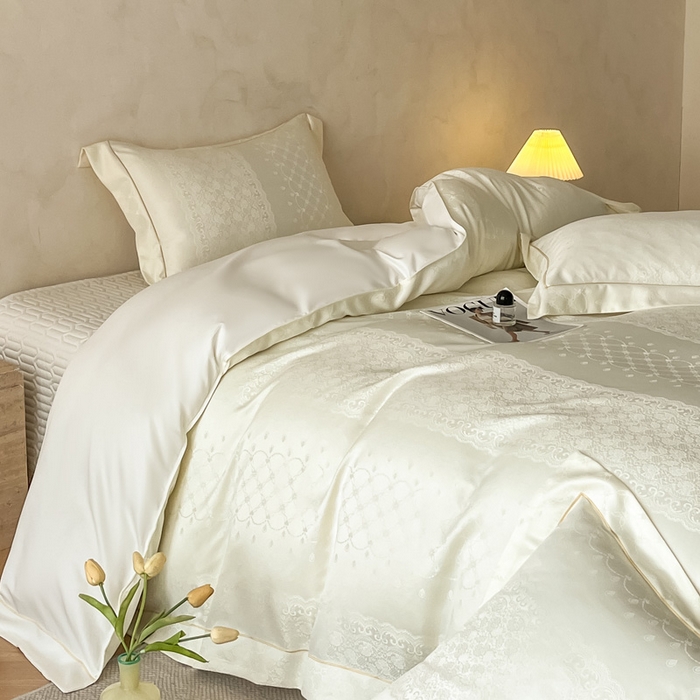 91家纺网 家纺一手货源 找家纺 大麦家纺 2026新款水洗真丝提花床盖四件套丝韵繁花 丝韵繁花-米黄