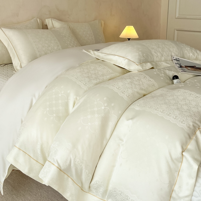 91家纺网 家纺一手货源 找家纺 大麦家纺 2026新款水洗真丝提花床盖四件套丝韵繁花 丝韵繁花-米黄