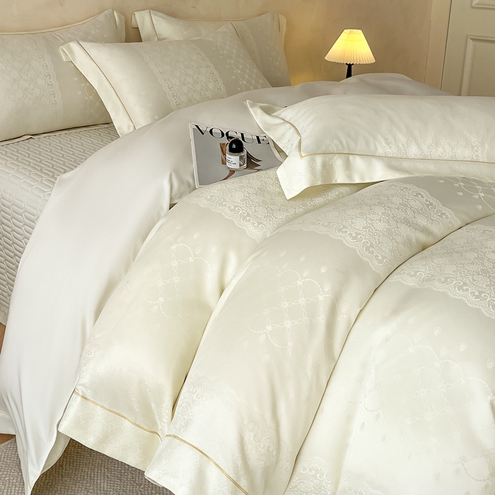 91家纺网 家纺一手货源 找家纺 大麦家纺 2026新款水洗真丝提花床盖四件套丝韵繁花 丝韵繁花-米黄