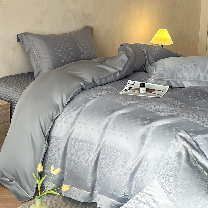 91家纺网 家纺一手货源 找家纺 大麦家纺 2026新款水洗真丝提花床盖四件套丝韵繁花 丝韵繁花-浅灰