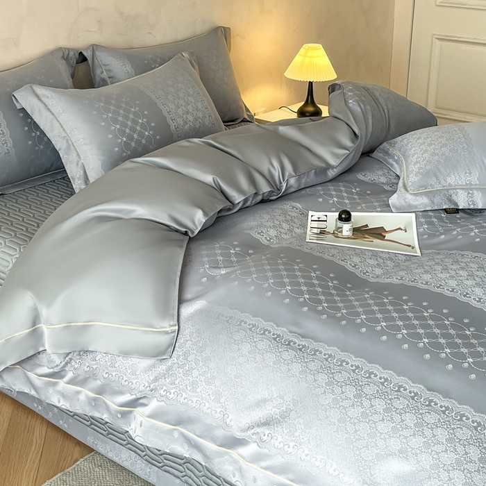 91家纺网 家纺一手货源 找家纺 大麦家纺 2026新款水洗真丝提花床盖四件套丝韵繁花 丝韵繁花-浅灰