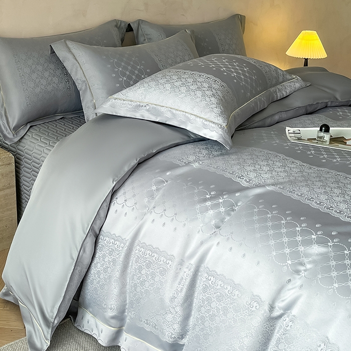 91家纺网 家纺一手货源 找家纺 大麦家纺 2026新款水洗真丝提花床盖四件套丝韵繁花 丝韵繁花-浅灰