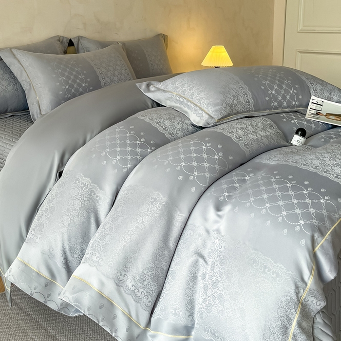 91家纺网 家纺一手货源 找家纺 大麦家纺 2026新款水洗真丝提花床盖四件套丝韵繁花 丝韵繁花-浅灰