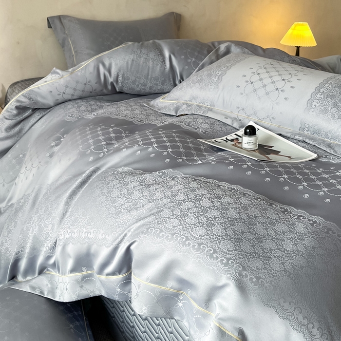 91家纺网 家纺一手货源 找家纺 大麦家纺 2026新款水洗真丝提花床盖四件套丝韵繁花 丝韵繁花-浅灰