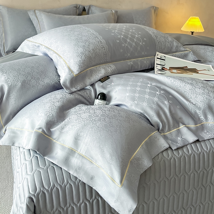 91家纺网 家纺一手货源 找家纺 大麦家纺 2026新款水洗真丝提花床盖四件套丝韵繁花 丝韵繁花-浅灰