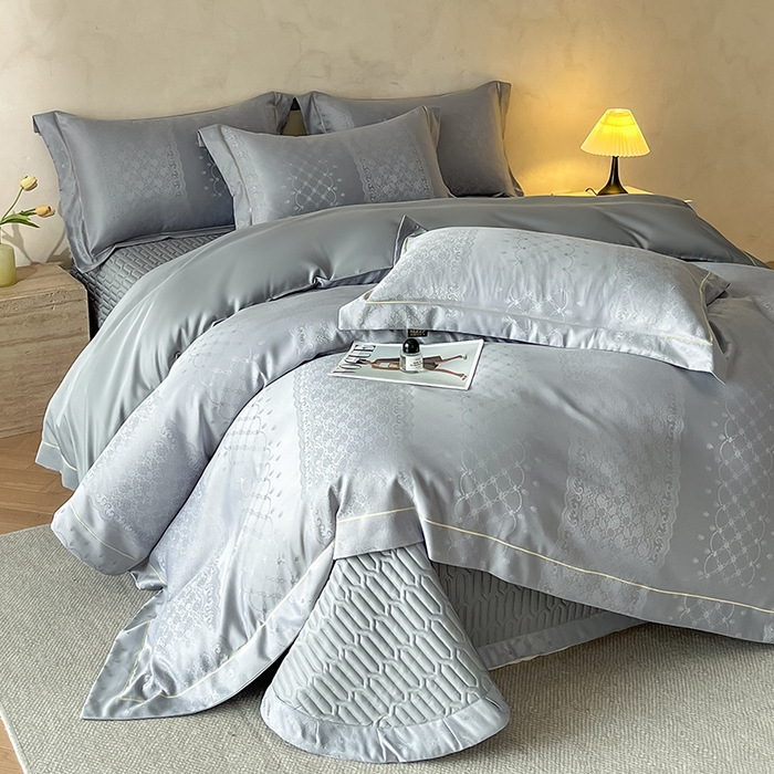 91家纺网 家纺一手货源 找家纺 大麦家纺 2026新款水洗真丝提花床盖四件套丝韵繁花 丝韵繁花-浅灰