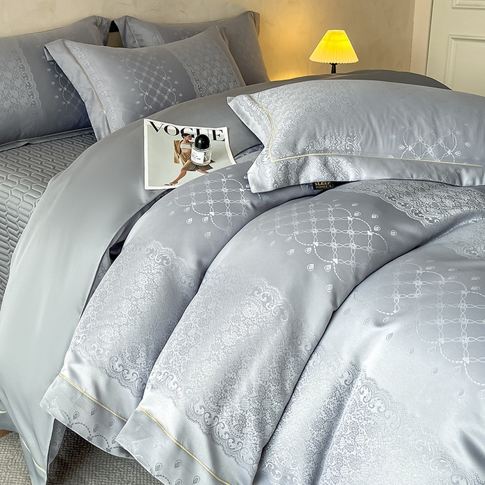 91家纺网 家纺一手货源 找家纺 大麦家纺 2026新款水洗真丝提花床盖四件套丝韵繁花 丝韵繁花-浅灰