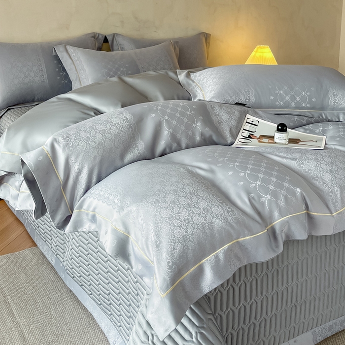 91家纺网 家纺一手货源 找家纺 大麦家纺 2026新款水洗真丝提花床盖四件套丝韵繁花 丝韵繁花-浅灰