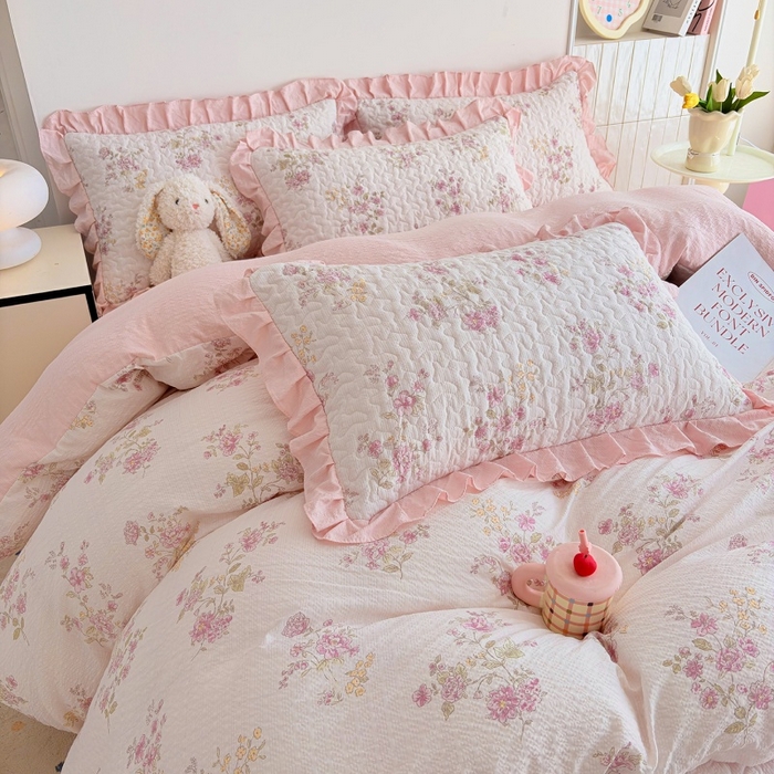 91家纺网 家纺一手货源 找家纺 铠畅 2026新款泡芙纱皱皱棉床裙款四件套 云柔 春日花园