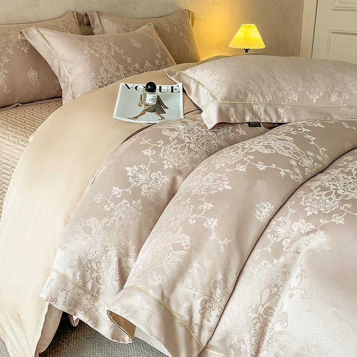 91家纺网 家纺一手货源 找家纺 大麦家纺 2026新款水洗真丝提花床盖四件套丝韵繁花 丝韵繁花-浅咖