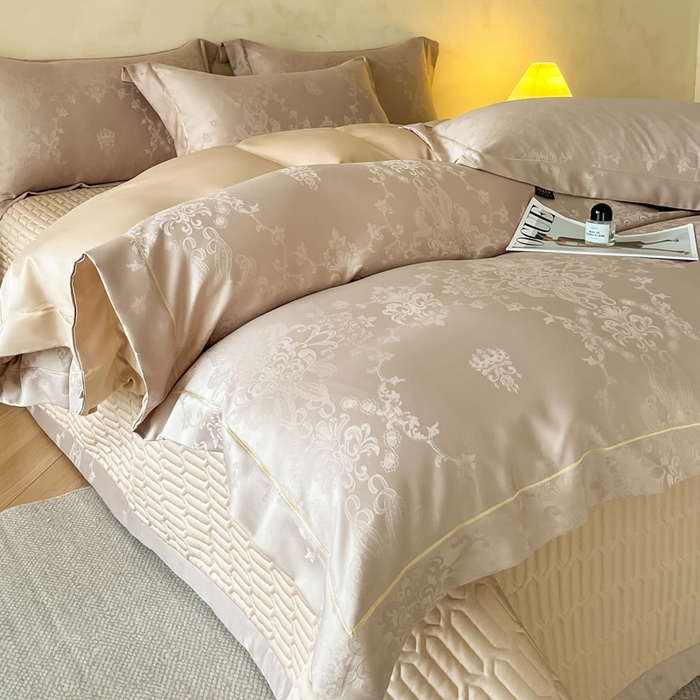 91家纺网 家纺一手货源 找家纺 大麦家纺 2026新款水洗真丝提花床盖四件套丝韵繁花 丝韵繁花-浅咖