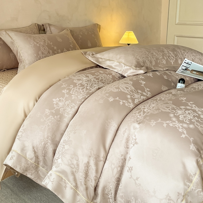 91家纺网 家纺一手货源 找家纺 大麦家纺 2026新款水洗真丝提花床盖四件套丝韵繁花 丝韵繁花-浅咖