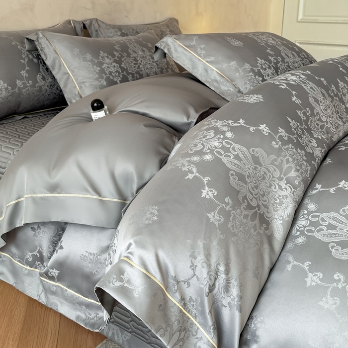 大麦家纺 2026新款水洗真丝提花床盖四件套丝韵繁花 丝韵繁花-深灰