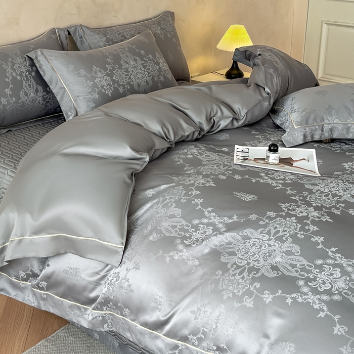 91家纺网 家纺一手货源 找家纺 大麦家纺 2026新款水洗真丝提花床盖四件套丝韵繁花 丝韵繁花-深灰
