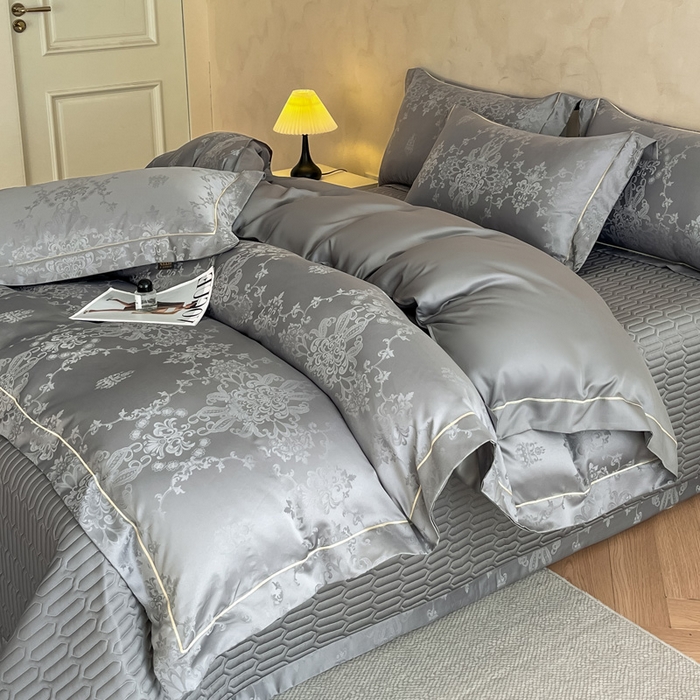 91家纺网 家纺一手货源 找家纺 大麦家纺 2026新款水洗真丝提花床盖四件套丝韵繁花 丝韵繁花-深灰