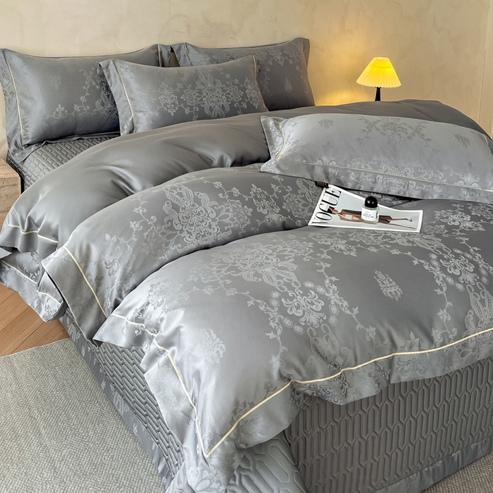 91家纺网 家纺一手货源 找家纺 大麦家纺 2026新款水洗真丝提花床盖四件套丝韵繁花 丝韵繁花-深灰
