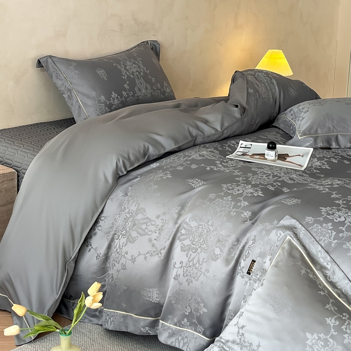 91家纺网 家纺一手货源 找家纺 大麦家纺 2026新款水洗真丝提花床盖四件套丝韵繁花 丝韵繁花-深灰