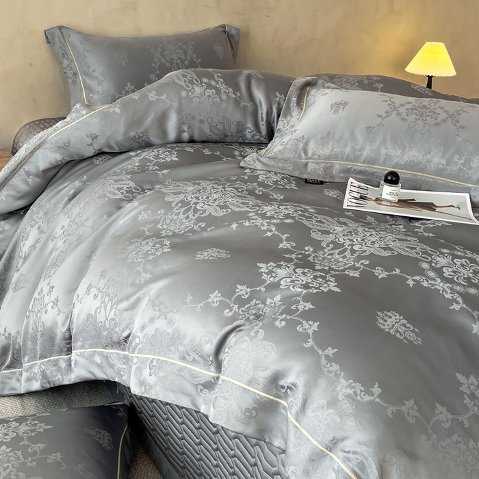 91家纺网 家纺一手货源 找家纺 大麦家纺 2026新款水洗真丝提花床盖四件套丝韵繁花 丝韵繁花-深灰