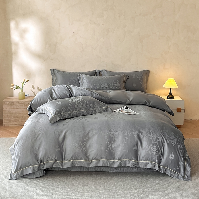 91家纺网 家纺一手货源 找家纺 大麦家纺 2026新款水洗真丝提花床盖四件套丝韵繁花 丝韵繁花-深灰