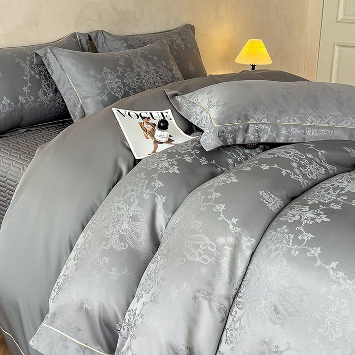 91家纺网 家纺一手货源 找家纺 大麦家纺 2026新款水洗真丝提花床盖四件套丝韵繁花 丝韵繁花-深灰