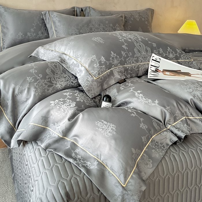 91家纺网 家纺一手货源 找家纺 大麦家纺 2026新款水洗真丝提花床盖四件套丝韵繁花 丝韵繁花-深灰