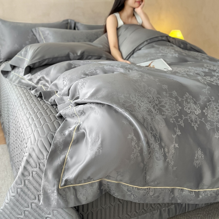 91家纺网 家纺一手货源 找家纺 大麦家纺 2026新款水洗真丝提花床盖四件套丝韵繁花 丝韵繁花-深灰