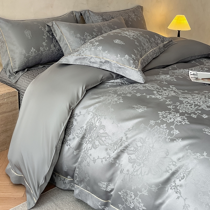 91家纺网 家纺一手货源 找家纺 大麦家纺 2026新款水洗真丝提花床盖四件套丝韵繁花 丝韵繁花-深灰