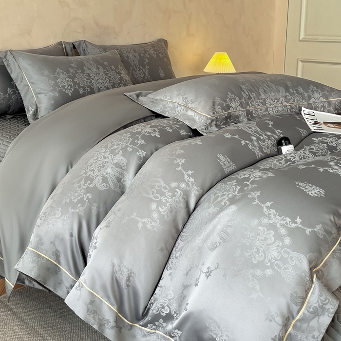 91家纺网 家纺一手货源 找家纺 大麦家纺 2026新款水洗真丝提花床盖四件套丝韵繁花 丝韵繁花-深灰