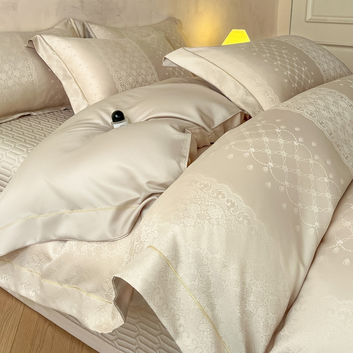 大麦家纺 2026新款水洗真丝提花床盖四件套丝韵繁花 丝韵繁花-香槟金