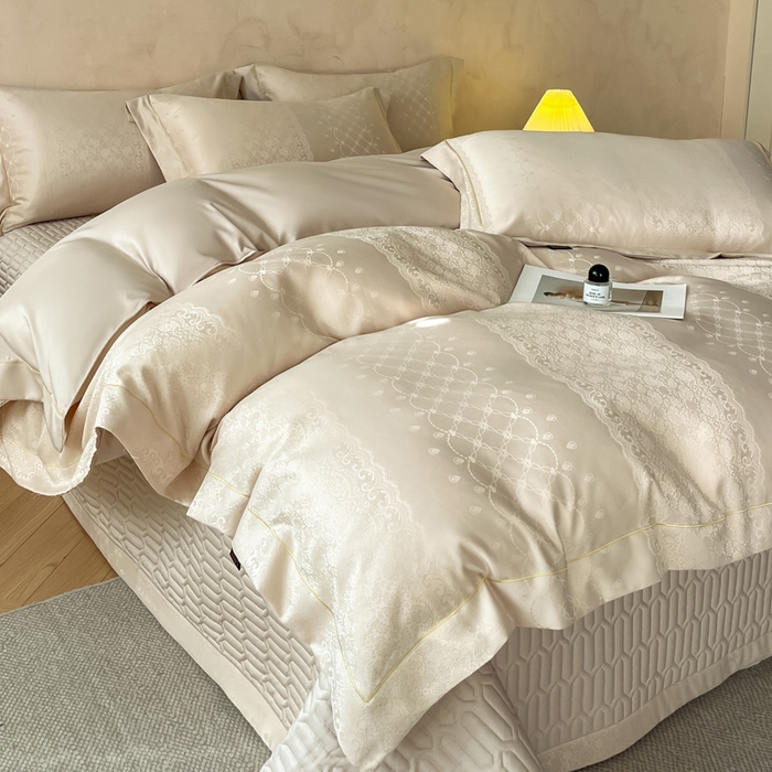 91家纺网 家纺一手货源 找家纺 大麦家纺 2026新款水洗真丝提花床盖四件套丝韵繁花 丝韵繁花-香槟金