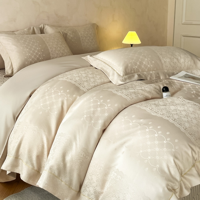 91家纺网 家纺一手货源 找家纺 大麦家纺 2026新款水洗真丝提花床盖四件套丝韵繁花 丝韵繁花-香槟金