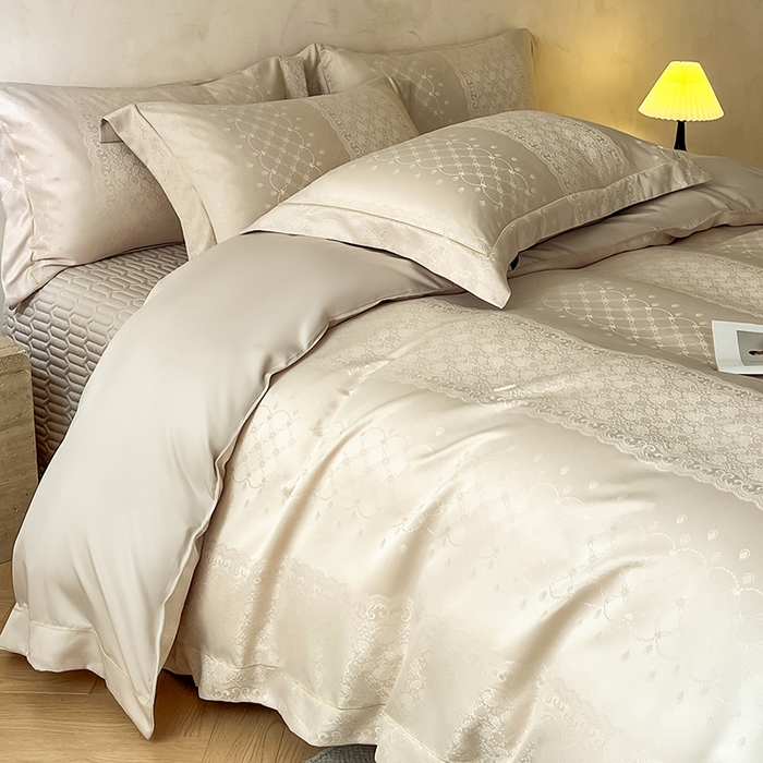 91家纺网 家纺一手货源 找家纺 大麦家纺 2026新款水洗真丝提花床盖四件套丝韵繁花 丝韵繁花-香槟金