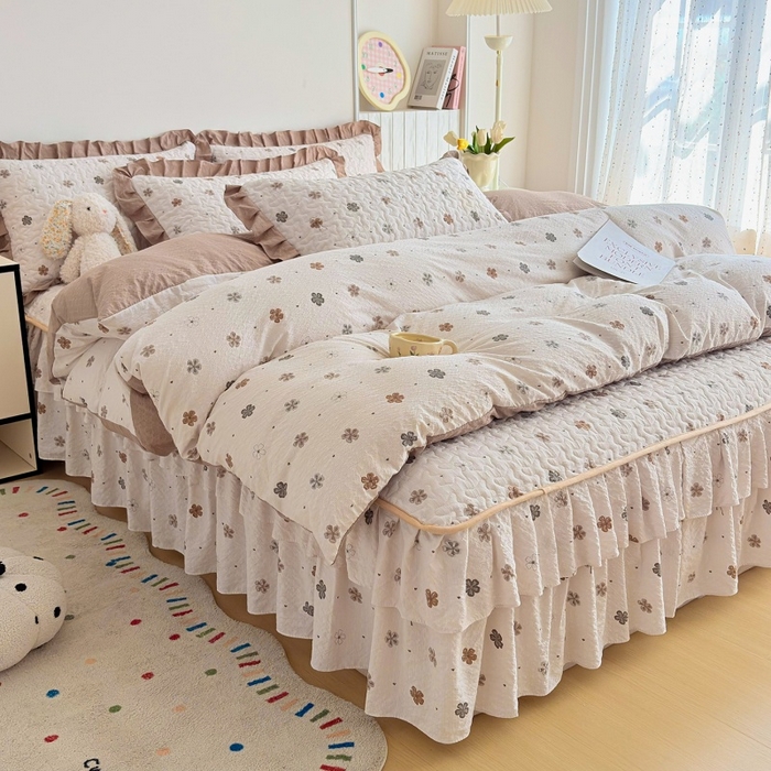 铠畅 2026新款泡芙纱皱皱棉床裙款四件套 云柔 焦糖花野