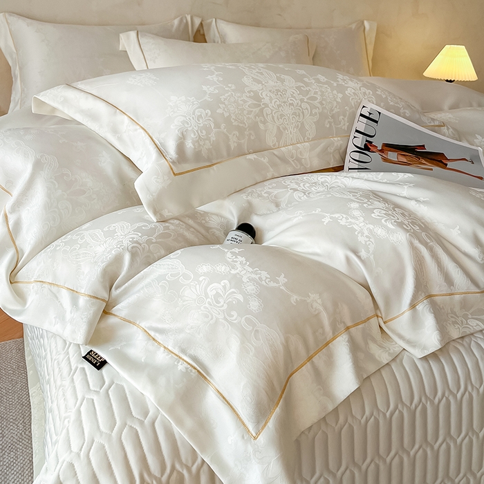 91家纺网 家纺一手货源 找家纺 大麦家纺 2026新款水洗真丝提花床盖四件套丝韵繁花 丝韵繁花-象牙白