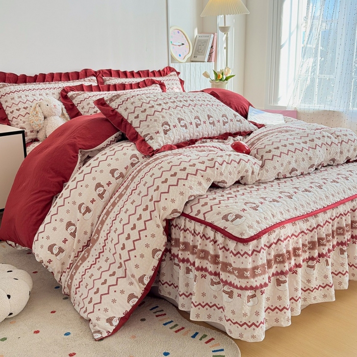 91家纺网 家纺一手货源 找家纺 铠畅 2026新款泡芙纱皱皱棉床裙款四件套 云柔 可爱雪人