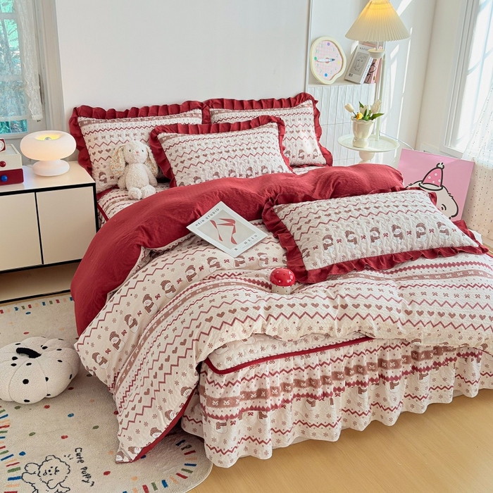 91家纺网 家纺一手货源 找家纺 铠畅 2026新款泡芙纱皱皱棉床裙款四件套 云柔 可爱雪人