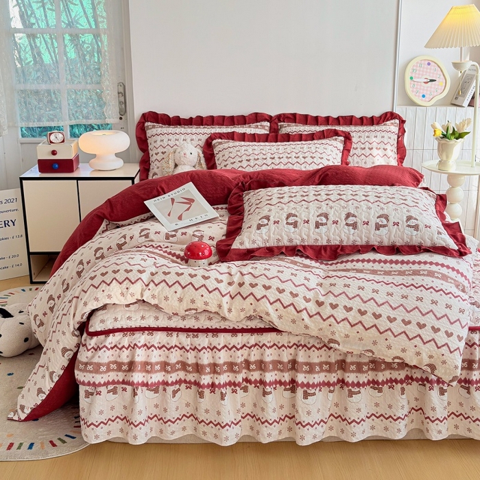 91家纺网 家纺一手货源 找家纺 铠畅 2026新款泡芙纱皱皱棉床裙款四件套 云柔 可爱雪人