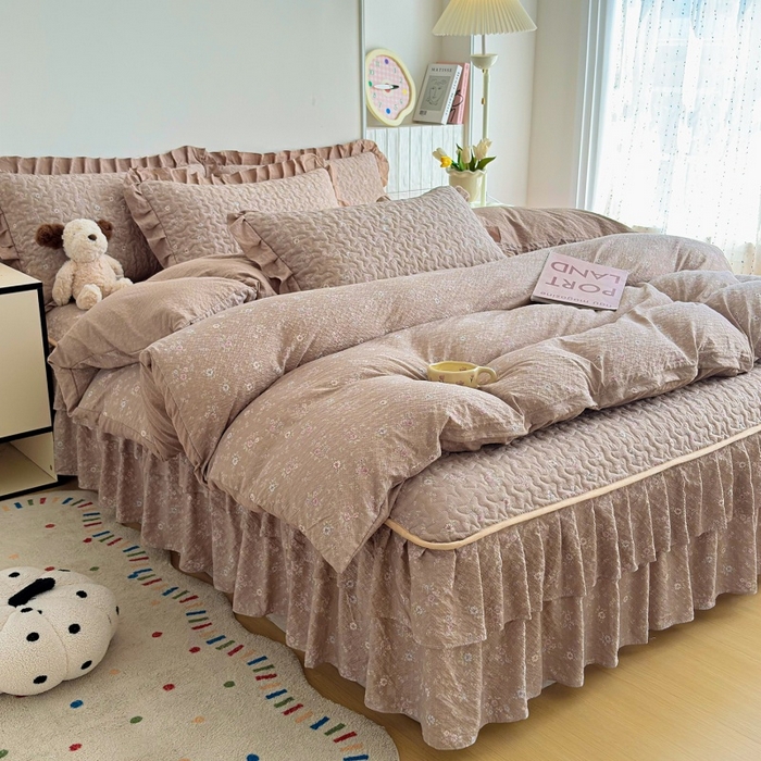 铠畅 2026新款泡芙纱皱皱棉床裙款四件套 云柔 栗色花园