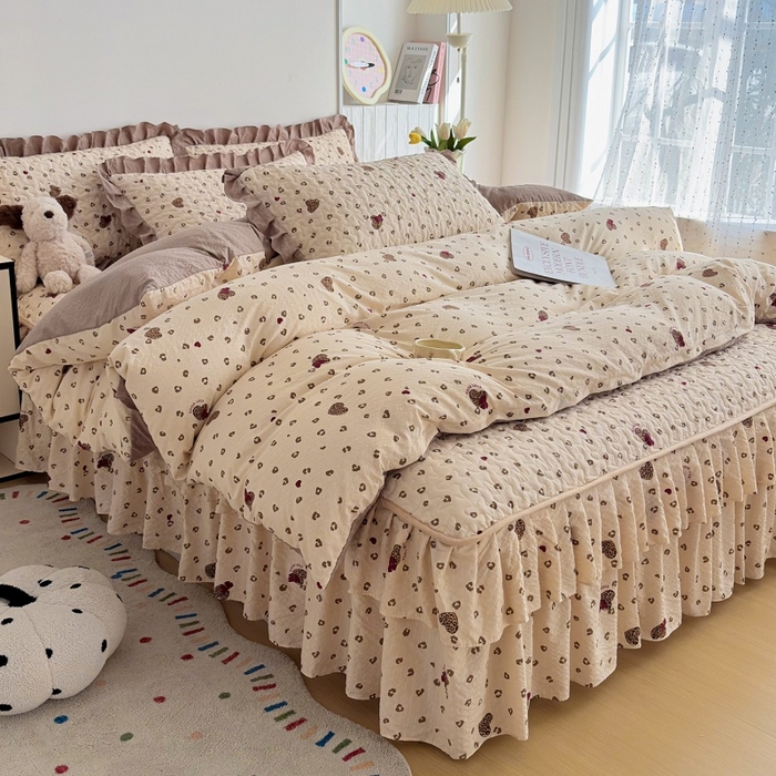 铠畅 2026新款泡芙纱皱皱棉床裙款四件套 云柔 奶咖新豹