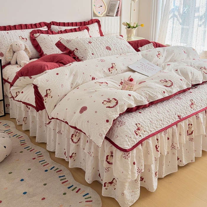 铠畅 2026新款泡芙纱皱皱棉床裙款四件套 云柔 摇摇木马