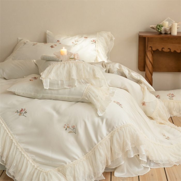 （总）满座家居 2026新款100s全棉长绒棉四件套法式纯棉花边款四件套-白茶清欢（会员➖20 控价369）
