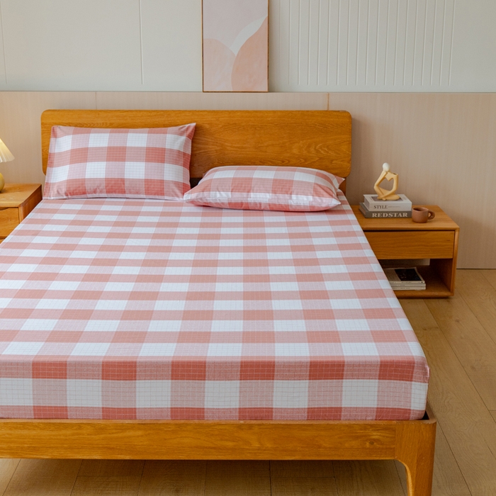 91家纺网 家纺一手货源 找家纺 居美良品 2026新款A类100%全棉色织老粗布床笠床单枕套二三件套 素雅-粉格