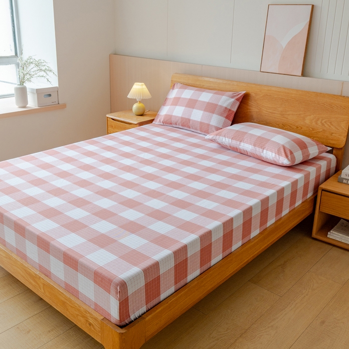 91家纺网 家纺一手货源 找家纺 居美良品 2026新款A类100%全棉色织老粗布床笠床单枕套二三件套 素雅-粉格