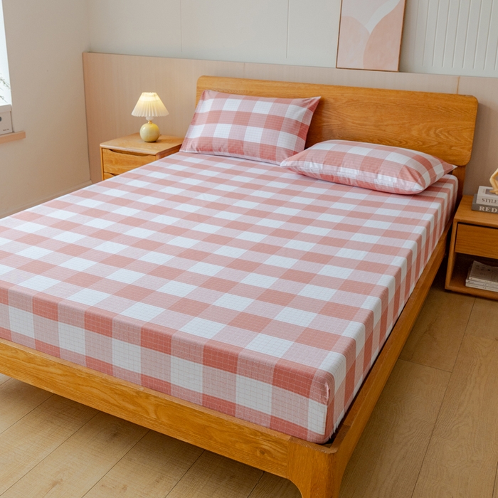 91家纺网 家纺一手货源 找家纺 居美良品 2026新款A类100%全棉色织老粗布床笠床单枕套二三件套 素雅-粉格