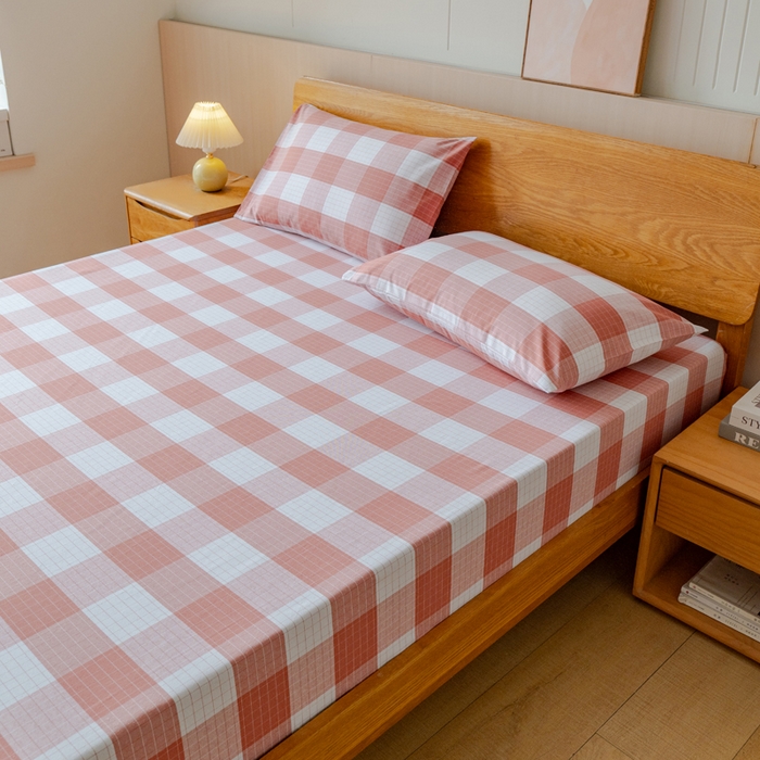 91家纺网 家纺一手货源 找家纺 居美良品 2026新款A类100%全棉色织老粗布床笠床单枕套二三件套 素雅-粉格