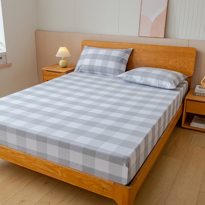 91家纺网 家纺一手货源 找家纺 居美良品 2026新款A类100%全棉色织老粗布床笠床单枕套二三件套 素雅-灰格