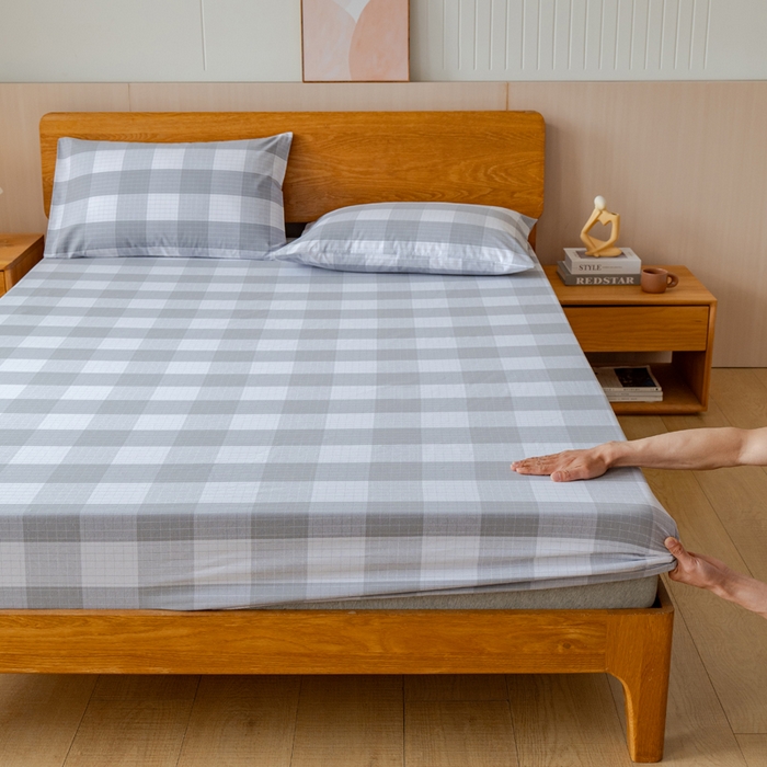 91家纺网 家纺一手货源 找家纺 居美良品 2026新款A类100%全棉色织老粗布床笠床单枕套二三件套 素雅-灰格